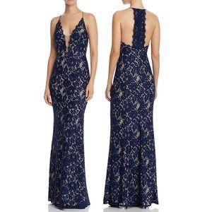 Aidan Mattox Navy Lace Sheath Halter Formal Gown 0